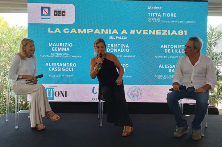 La Campania a Venezia. Nella foto (di Renato Rizzardi) da SX: Titta Fiore, Cristina Donadio e il regista Fabio Gargano (Dadapolis)